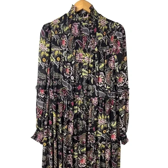 cinq a sept Paisley Long Sleeve Dress Black Size 6 High Low Hem Mock Neck - Picture 6 of 10